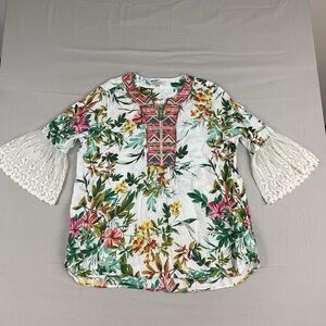 John Mark White Floral Blouse with Lace Sleeves